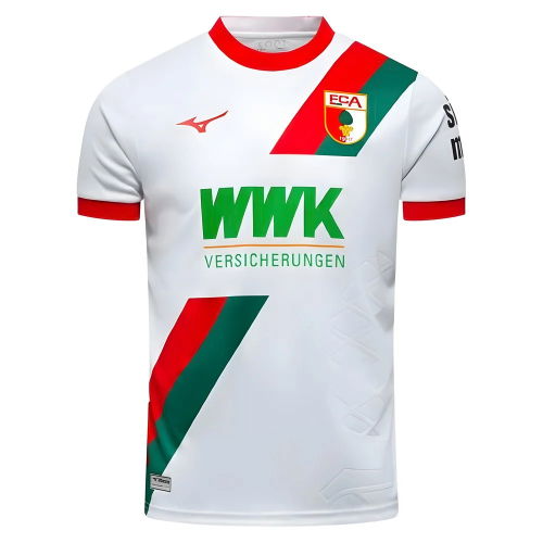 FC Augsburg 2025/2026 Home Jersey. White short sleeve with signature diagonal red-and-green chest band, red cuffs, and club crest.