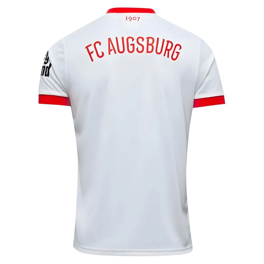 FC Augsburg 2025/2026 Home Jersey. White short sleeve with signature diagonal red-and-green chest band, red cuffs, and club crest.