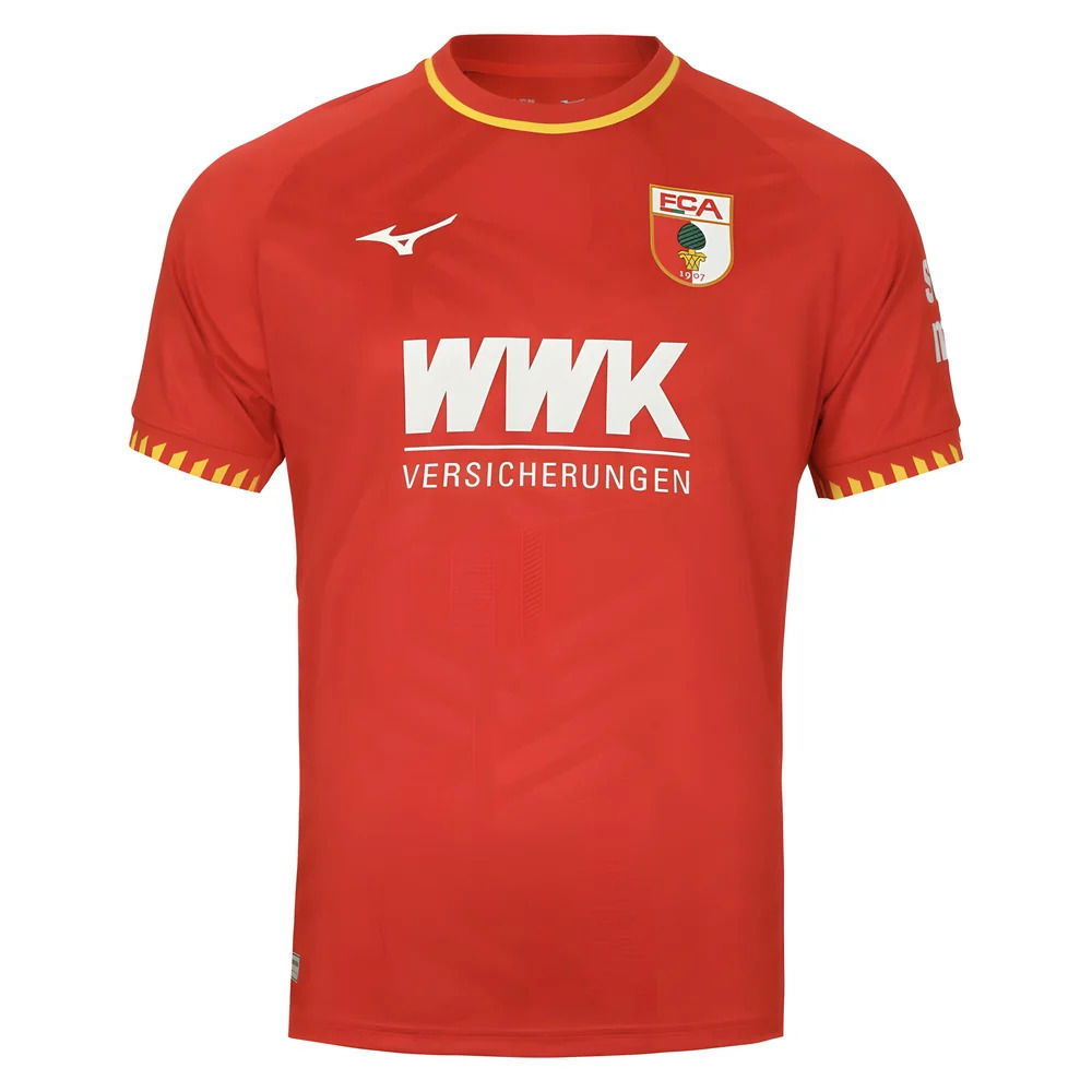 FC Augsburg 2025/2026 Away Jersey. Solid red with yellow collar and cuff accents, subtle Swabian coat-of-arms jacquard pattern, and FCA crest.