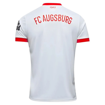 FC Augsburg 2025/2026 Home Jersey. White short sleeve with signature diagonal red-and-green chest band, red cuffs, and club crest.