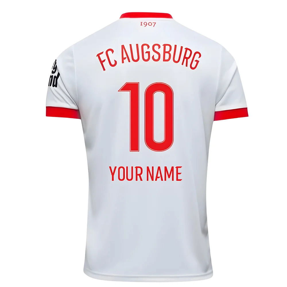 FC Augsburg 2025/2026 Home Jersey. White short sleeve with signature diagonal red-and-green chest band, red cuffs, and club crest.
